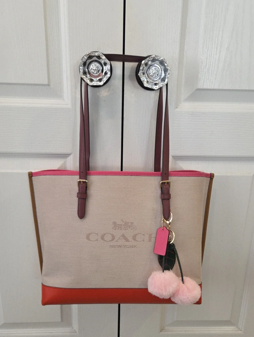 EUC 2021 Coach Molly Canvas Tote with Pink Trim and Burgundy Straps & Card Case